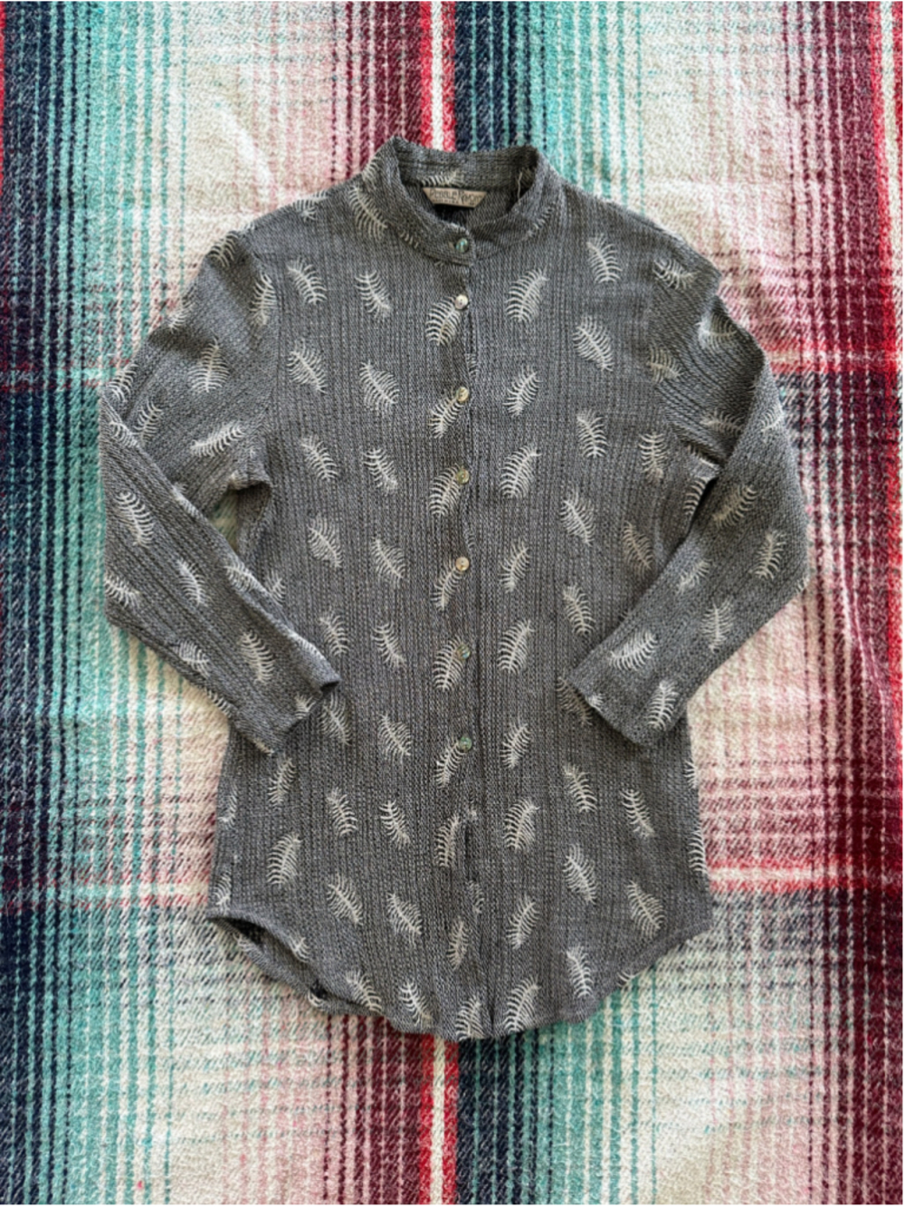 Vintage Pebble Rayon Gray Linen Blend Fern Leaf Print Cardigan M